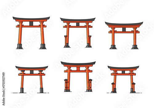 Collection of Six Stylized Japanese Torii Gate Illustrations - Minimalist Orange and Black Cultural Symbols for Asian Heritage Design on White Background.