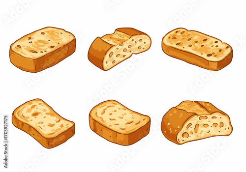 Cartoon vector illustration set featuring various types and slices of bread, perfect for bakery, food, and breakfast designs.