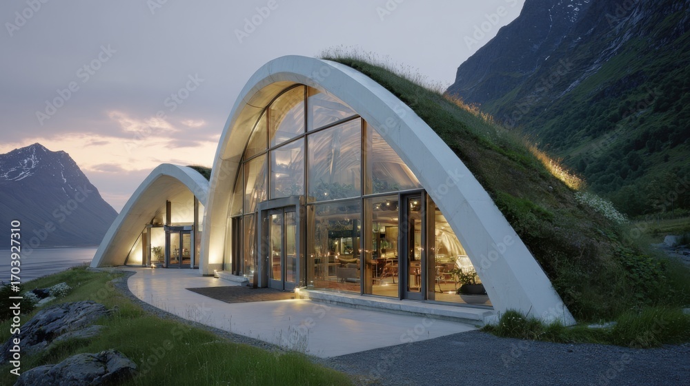 Obraz premium A unique, eco-friendly building with curved glass and grass-covered roof stands by the coast. The setting sun casts a warm glow while mountains rise in the background.
