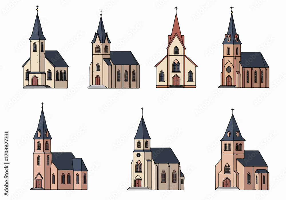 Fototapeta premium Collection of various stylized cartoon churches with spires and crosses, suitable for religious or architectural themes, isolated on white background.