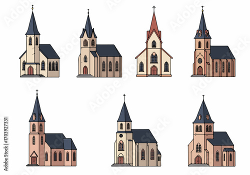 Collection of various stylized cartoon churches with spires and crosses, suitable for religious or architectural themes, isolated on white background.