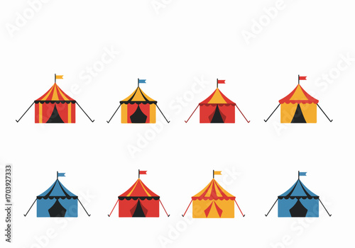Vector illustration set of colorful circus and festival tents with flags in a flat design style, perfect for events and entertainment themes.