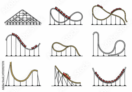 Set of Cartoon Roller Coaster Tracks and Rides for Theme Park Design