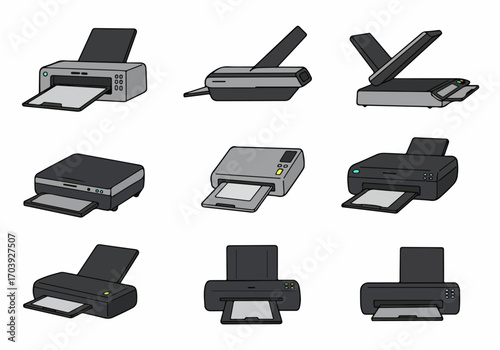 Cartoon vector set of various office printers and scanners for document processing, imaging, and business equipment.