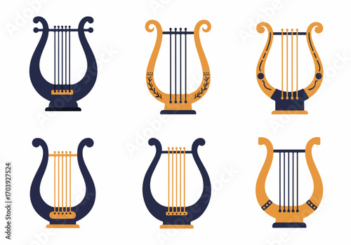Collection of Six Stylized Lyre Illustrations: Ancient Greek Musical Instruments in Navy and Gold Flat Design on White Background, Representing Classical Music and Mythology.