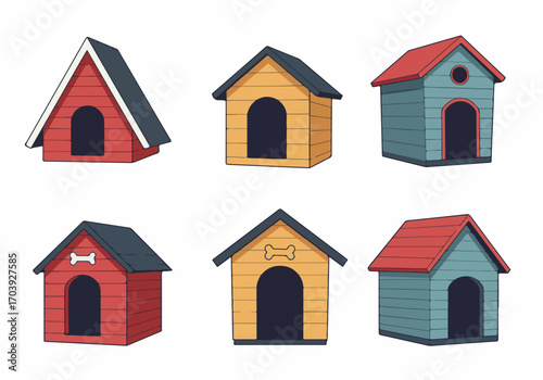 Collection of diverse and colorful cartoon dog houses, featuring various styles, shapes, and designs for pets, isolated on a white background, perfect for pet-related concepts.