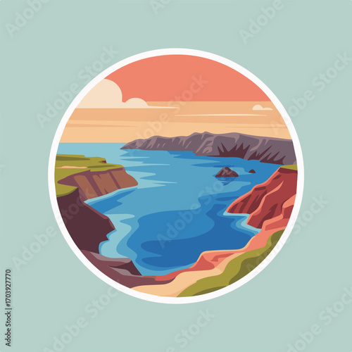 Coastal landscape emblem featuring cliffs, ocean, and a serene sunset sky, capturing the beauty of the seaside scenery in a circular design