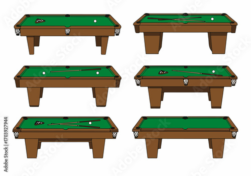Six stylized illustrations of billiard tables, showcasing various arrangements of cues and balls on green felt, perfect for games and recreation themes.