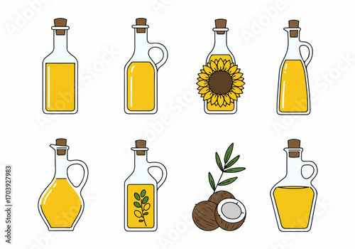 Collection of plant-based cooking oils in various bottles and carafes, featuring sunflower, moringa, and coconut oil, in a simple flat design illustration.