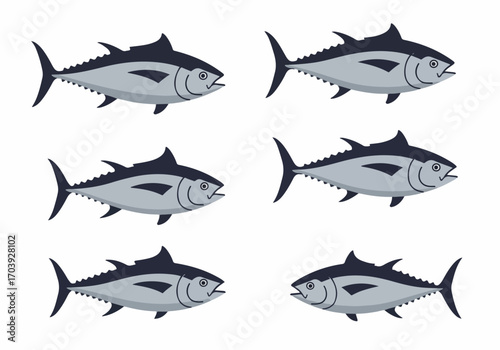 Flat design collection of tuna fish icons, perfect for seafood, marine life, culinary, and healthy eating themes on a white background.