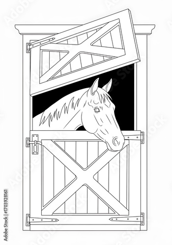 A charming, black and white illustration of a horse peering out of an open stable door.