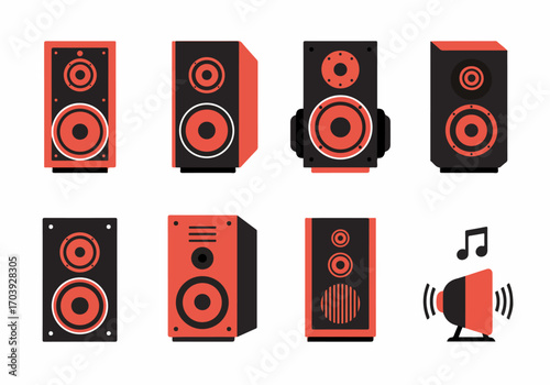 Collection of Flat Design Speaker Icons and Megaphone, Showcasing Various Audio Equipment for Music and Sound Reproduction in Modern Style.