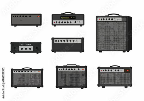 Collection of various guitar amplifier illustrations and amp heads on a white background, showcasing music equipment for rock and live performances.