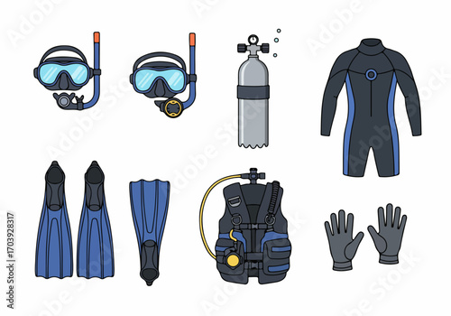Essential Scuba Diving and Snorkeling Equipment Icons Collection: Dive Mask, Snorkel, Fins, Wetsuit, Oxygen Tank, BCD, and Gloves for Underwater Adventures