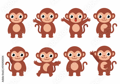 Cute cartoon monkey character poses collection, isolated on white, perfect for children's designs, playful animal themes, and educational materials.
