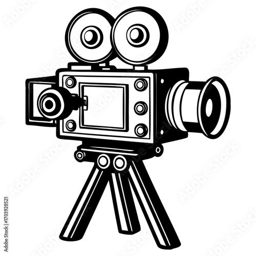 Vintage black and white movie camera illustration