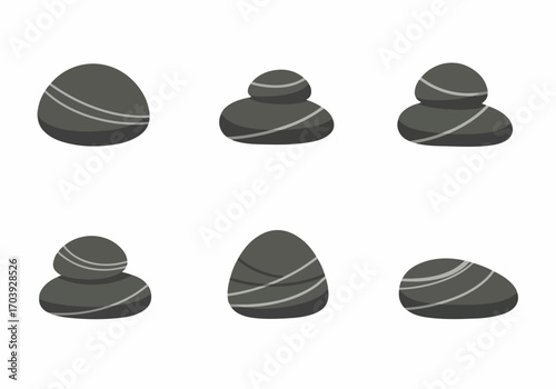 Stylized Collection of Grey Spa Stones with Striped Patterns, Isolated on White Background for Zen and Balance Designs.