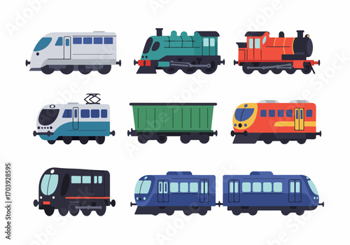 Flat Design Train Collection: Diverse Locomotives, Passenger Cars, and Freight Wagons for Railway Transportation Graphics