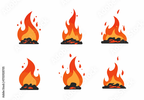 Collection of Flat Design Fire Icons with Embers and Sparks. Cartoon Flame Illustrations in Red and Orange for Danger, Heat, or Energy Concepts.