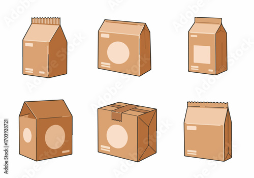 Collection of minimalist brown paper bags and cardboard boxes in different shapes, ideal for e-commerce, delivery, and eco-friendly packaging concepts on white.