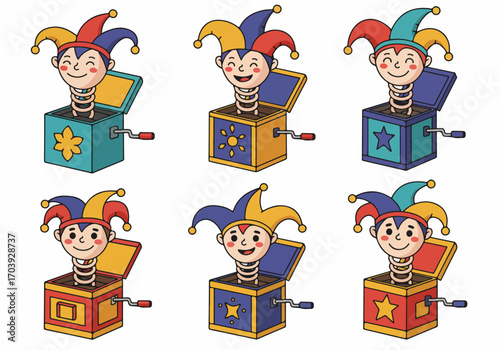 Colorful cartoon jack-in-the-box toys with happy jester characters popping out, perfect for playful designs and children's themes.