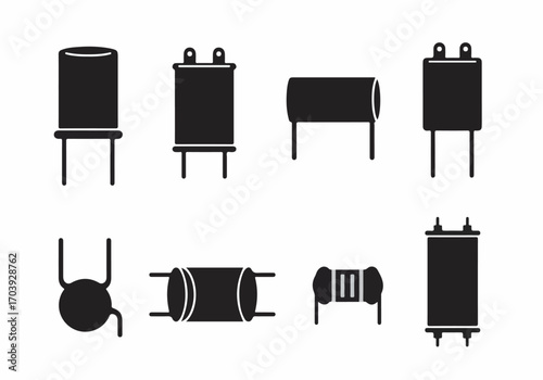 Monochrome Silhouettes of Electronic Components: Capacitors, Resistors, and Inductors for Electrical Circuitry Design