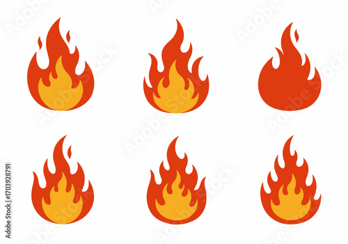 Collection of stylized fire flame icons in various shapes and colors, perfect for hot deals, warning, or energy concepts.