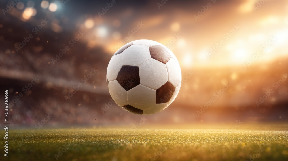 Fototapeta premium A soccer ball hovers above the grass during an evening match at a stadium. The vibrant sunset casts a warm glow while players prepare for action on the field.
