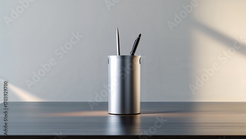 Silver Pen Holder with Pens on Dark Wood Desk