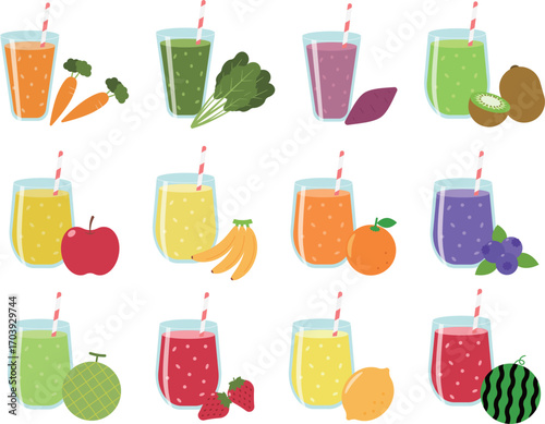Colorful smoothie glasses with various fruits and vegetables, showcasing healthy drinks.