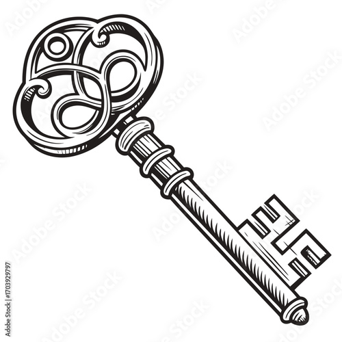 Detailed Vintage Key Illustration in Elegant Black and White