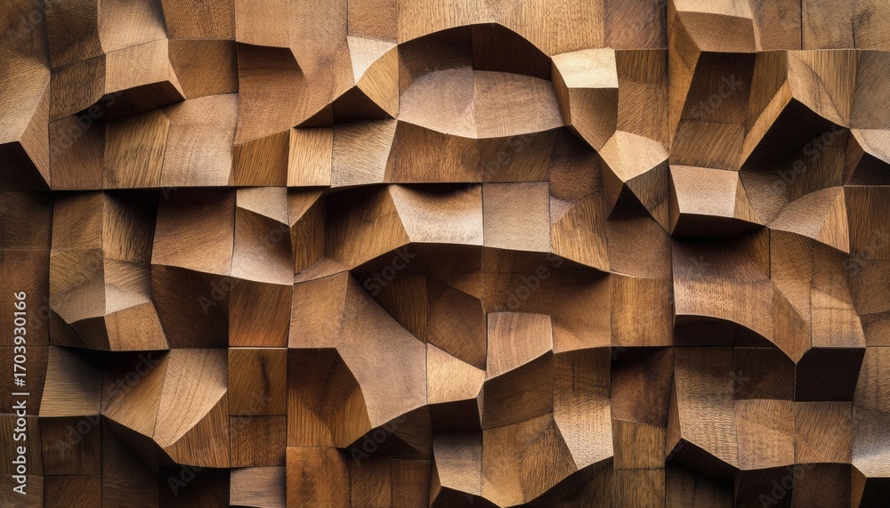 Obraz premium The image shows a detailed close-up of an abstract wood wall design with geometric shapes and various shades of brown.