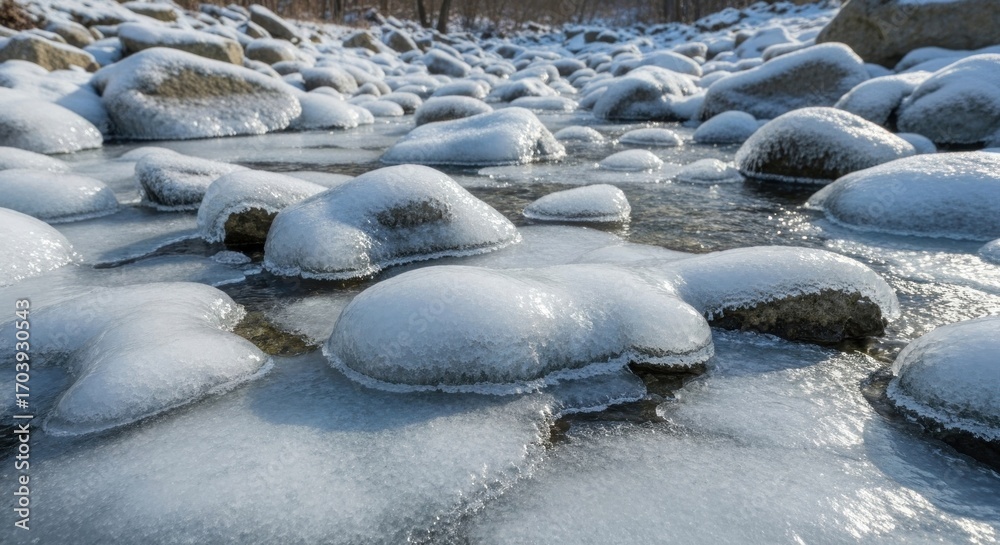 Fototapeta premium Frozen riverbed, ice-covered stones