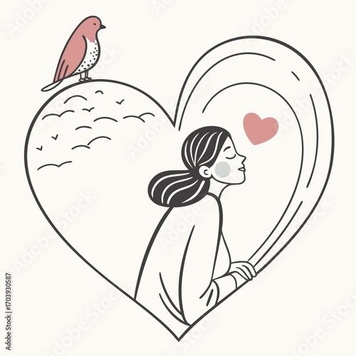 Woman finding peace within a heart shape with a bird