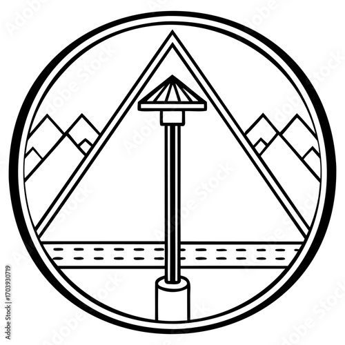 Minimalist black and white emblem with triangle, pole, and mountain design