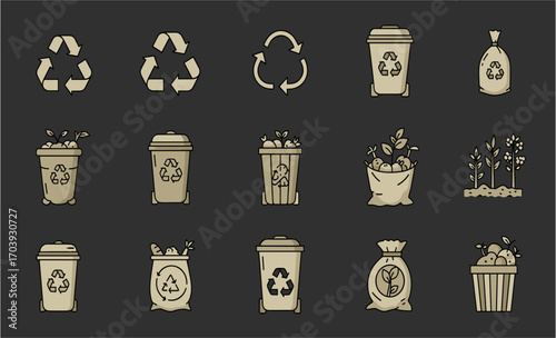 Collection of beige recycling icons on a dark background, illustrating various methods of waste disposal and recycling processes, suitable for educational materials or eco-friendly branding.