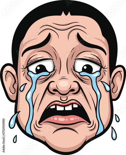 A detailed vector illustration of a man's face in extreme despair, crying hysterically with tears streaming down his contorted expression