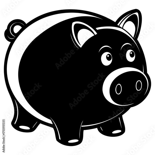 Black and white cartoon pig illustration with simple design