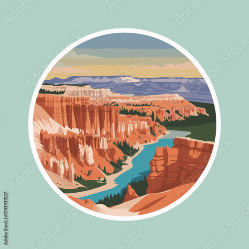 Illustration of bryce canyon national park, showcasing its unique hoodoos, canyons, and natural beauty, set against a serene sky and a winding river, capturing the essence of adventure