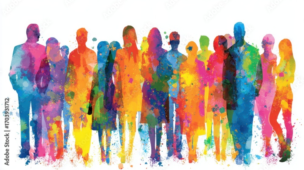 Naklejka premium A vibrant assembly of people represented as colorful silhouettes stands together, showcasing diversity and unity. This artwork symbolizes collaboration and creativity in a lively atmosphere.
