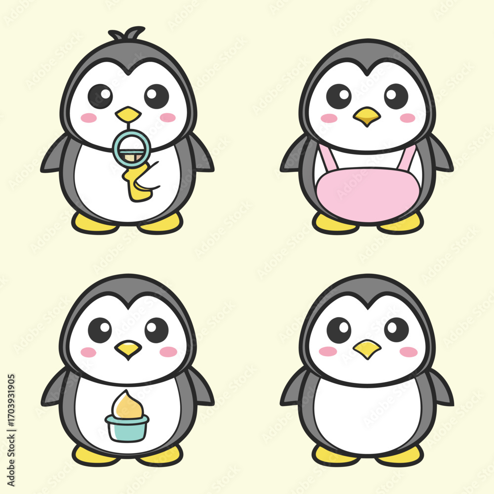 Obraz premium A cute set of funny cartoon penguins in love are isolated on a white background