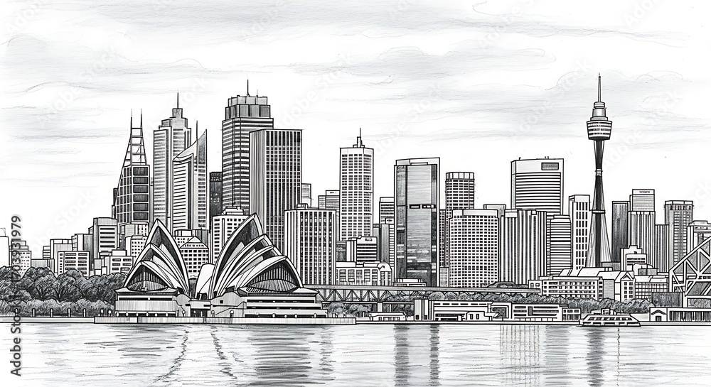 Naklejka premium Sydney Australia Skyline Black and White Pencil Sketch.