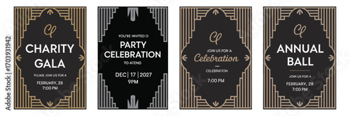 Art Deco Invitation Set – Vintage Black and Gold Event Templates – Geometric Border Designs for Gala, Ball, or Celebration – Elegant Vector Layouts with Decorative Elements