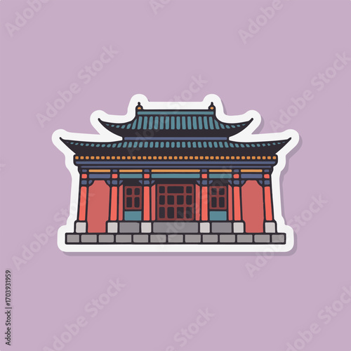 Illustration of a traditional chinese building with a distinctive roof and red walls, showcasing architectural details and cultural heritage, on a light purple background