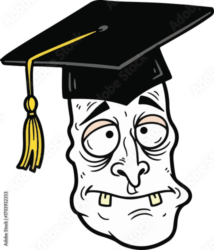 Funny cartoon illustration of a dazed and exhausted zombie graduate wearing a mortarboard cap, symbolizing academic burnout or foolishness
