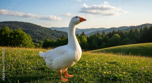 White Goose in a Lush Green Meadow with a Mountain View.