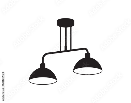 A vector drawing of a contemporary ceiling lamp. It's a flat icon featuring two light shades; a chandelier. Perfect for home and office lighting. This is an isolated object set against a white.