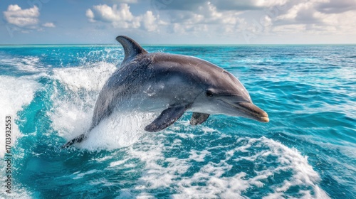 Fototapeta Naklejka Na Ścianę i Meble -  Closeup dolphin jumping from turquoise sea water