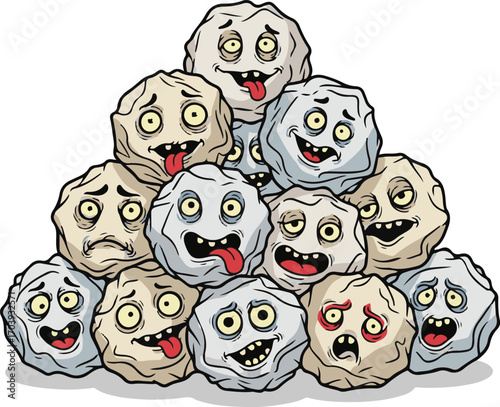 A comical pyramid of cartoon rock characters, each with a unique and zany facial expression, from silly to crazy