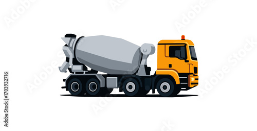 A yellow concrete mixer truck, mixing concrete on the go.